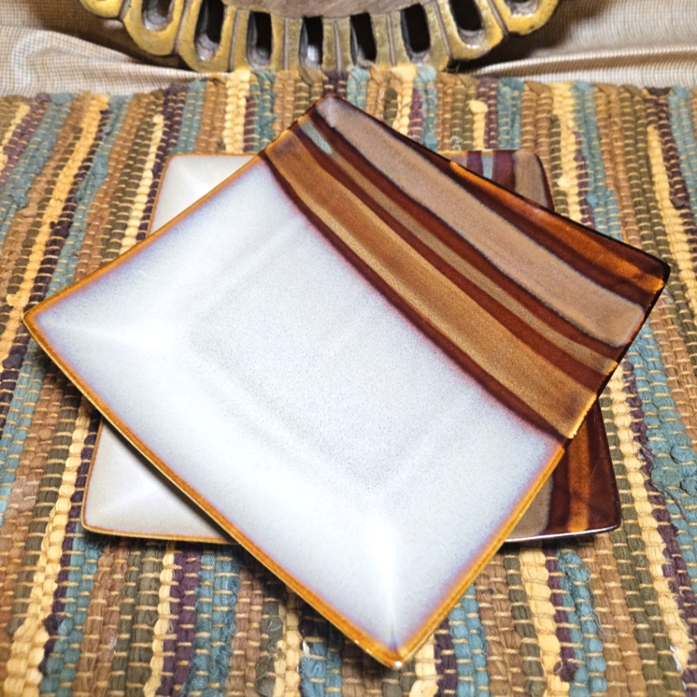 Retired Sango glazed stoneware Avanti Brown 8" square salad plates 4722 Set of 2